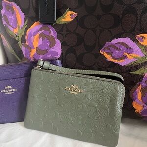 Coach olive green embossed wristlet
